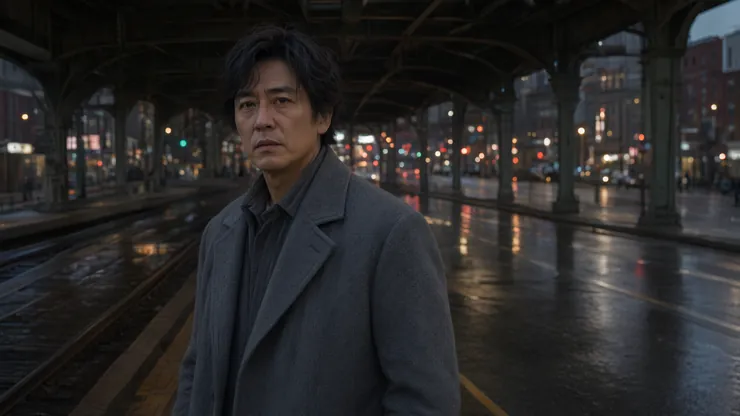 A frame of a man under a railway bridge at dusk with nothing written anywhere in the picture.